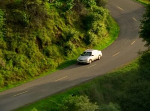 緑豊かな丘に敷かれた道路を走る車。