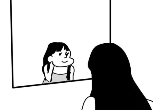 鏡の中の少女のイラスト。白黒で、少女の後ろ姿と、鏡の中の少女がイヤリングを付けている。