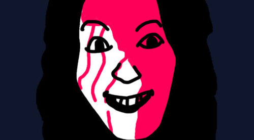 再現イラスト。頭から血を流した女性がこちらを見て、ニヤニヤ笑っている。