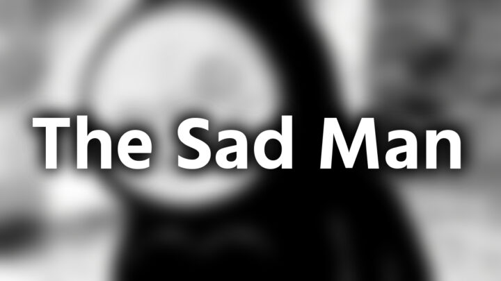 「The Sad Man」という影付きの白文字が、ぼかされたアニメのスクリーンショットの上に書かれているアイキャッチ。